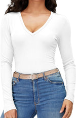 Ribbed Knit V Neck Long Sleeve Shirt