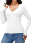 Ribbed Knit V Neck Long Sleeve Shirt